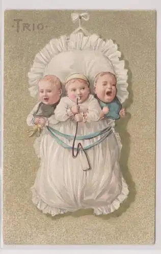 63907 Präge Künstler Ak Trio 3 Kleinkinder in der Wiege um 1900