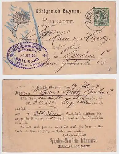 19197 DR Ganzsachen Postkarte Bayern Zudruck Spiegelglasmanufactur Heilbronnthal
