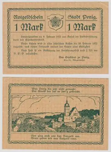 seltene Banknote Notgeld 1 Mark Stadt Penig 6.2.1922 (133699)