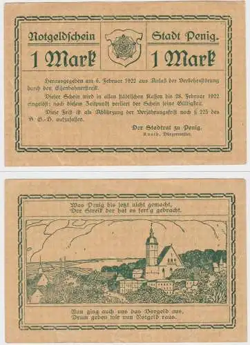 seltene Banknote Notgeld 1 Mark Stadt Penig 6.2.1922 (137707)