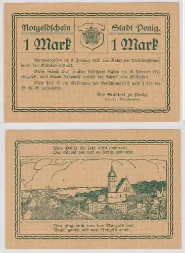 seltene Banknote Notgeld 1 Mark Stadt Penig 6.2.1922 (130065)