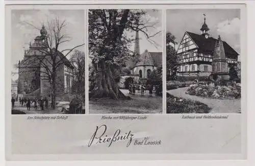 99379 AK Prießnitz bei Bad Lausick - Schulplatz mit Schloß, Kirch, Rathaus 1943