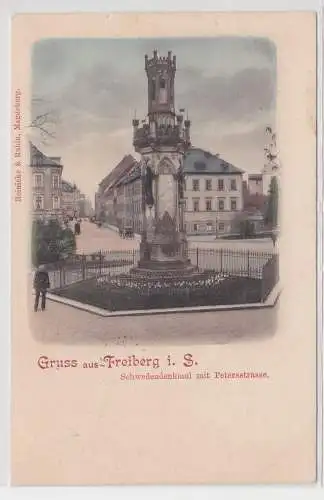 95874 AK Gruss aus Freiberg - Schwedendenkmal mit Petersstrasse Reinicke & Rubin