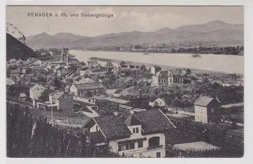 99533 Ak Remagen am Rhein und Siebengebirge, Totalansicht mit Gleisen 1909
