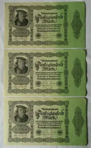 3x 50000 Mark Banknote Berlin 1922 Ro. Nr. 79d fortlaufende Nummer (123915)
