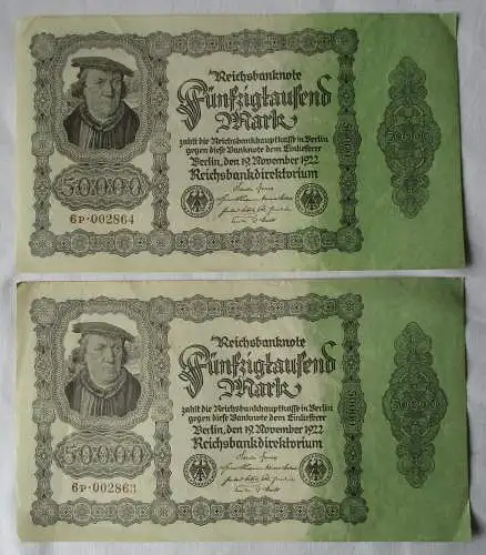 2x 50000 Mark Banknote Berlin 1922 Ro. Nr. 79d fortlaufende Nummer (137919)