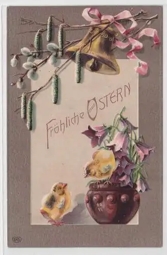 60259 Präge AK Frohe Ostern Kücken Weidenkätzchenzweig und Glocke 1911