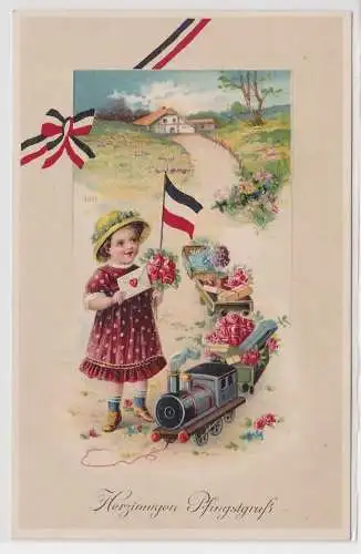 61941 Präge AK Herzinnigen Pfingsgruß Kind mit Flagge Deutsches Reich und Brief