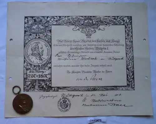 Preussen Centenar Medaille mit Urkunde Stadtdirektion Stuttgart 1898 (112475)