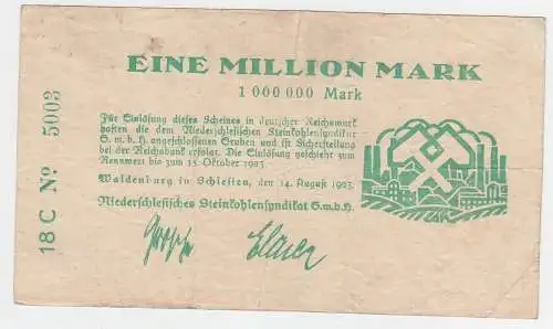 1 Million Mark Banknote Inflation Waldenburg in Schlesien 1923 (111295)