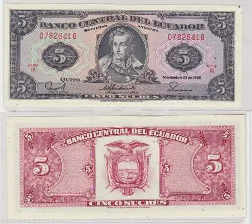 5 Sucres Banknote Ecuador 22.11.1988 bankfrisch UNC (138220)