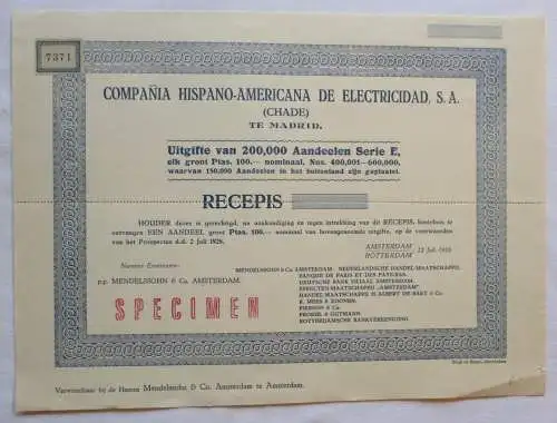 100 Pesetas Aktie Companie Hispano Americana de Electricidad Madrid 1928(130431)