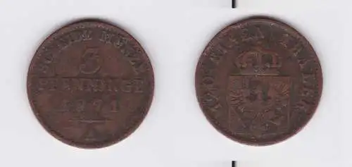 3 Pfennig 1/120 Taler Bronze Münze Preussen 1871 A (126682)