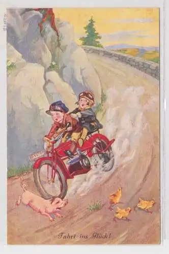 47429 Künstler Ak Fahrt ins Glück - 2 Kinder auf Motorrad bergab um 1920