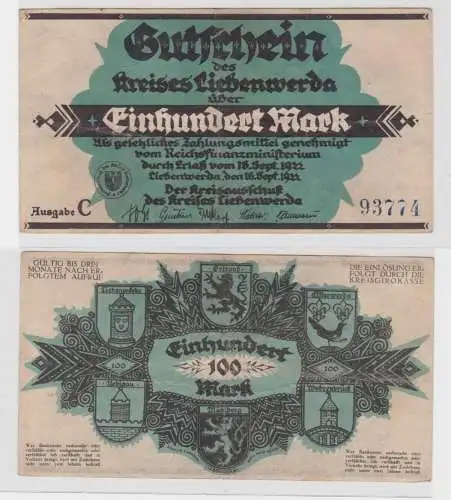 100 Mark Banknote Inflation Notgeld Kreis Liebenwerda 16. Sept. 1922 (137851)