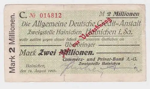 2 Millionen Mark Banknote allg.Dt.Credit Anstalt Hainichen 14.8.1923 (122133)