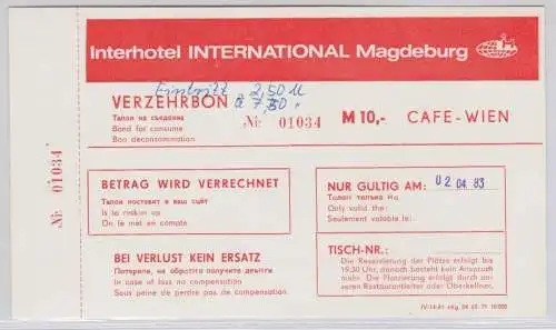 DDR 10 Mark Verzehrbon Interhotel International Magdeburg 1979 (138713)