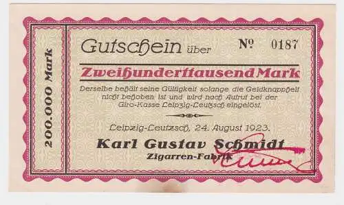 200000 Mark Banknote Leipzig Leutzsch Zigarrenfabrik Karl Gustav Schmidt(121915)