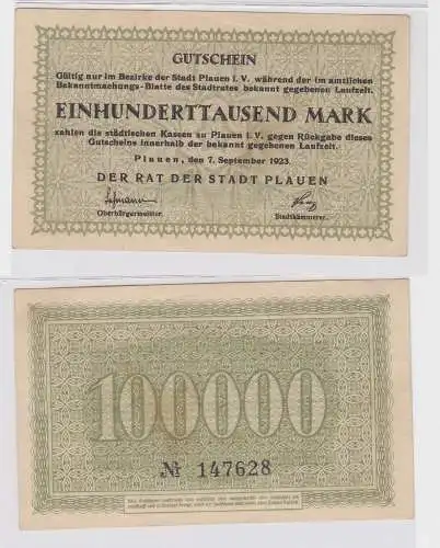 100000 Mark Banknote Stadt Plauen 7.9.1923 (121467)