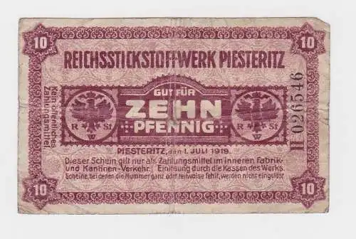 10 Pfennig Banknote Notgeld Reichsstickstoffwerk Piesteritz 1.7.1919  (120537)