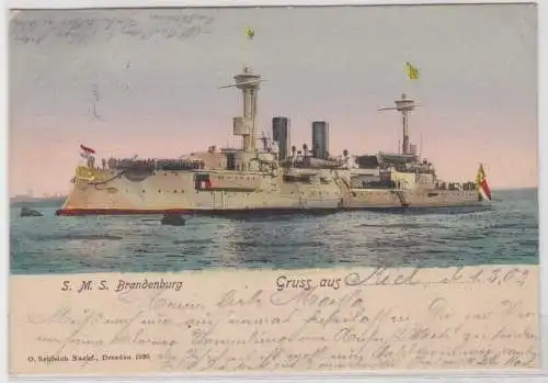 75044 AK S.M.S. Brandenburg - Gruss aus Kiel 1902 O. Schleich Nachf. Dresden