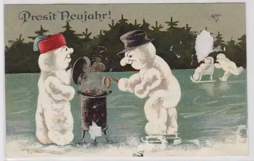 08123 Prosit Neujahr Ak Schneemänner grillen Würste 1905