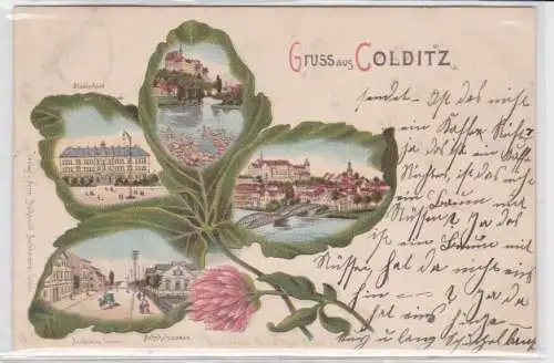 82913 Kleeblatt Ak Lithographie Gruß aus Colditz Stadtschule usw. 1900