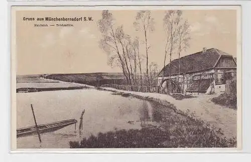 93429 AK Gruss aus Münchenbernsdorf S.W. - Mahlteich mit Teichmühle 1921