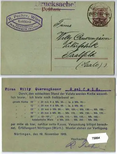 75664 DR Ganzsachen Postkarte PP109 R. Pecher Wien Korkfabrik Nürtingen 1919