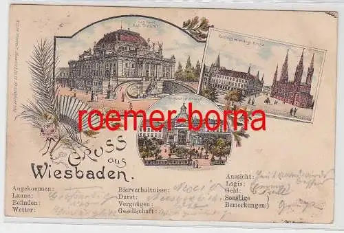 69513 Ak Lithografie Gruss aus Wiesbaden Kochbrunnenanlage Theater Rathaus 1895