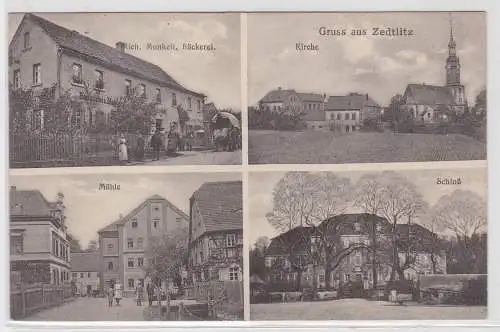 96509 Mehrbild Ak Gruß aus Zedlitz Bäckerei, Mühle, Kirche usw. 1915