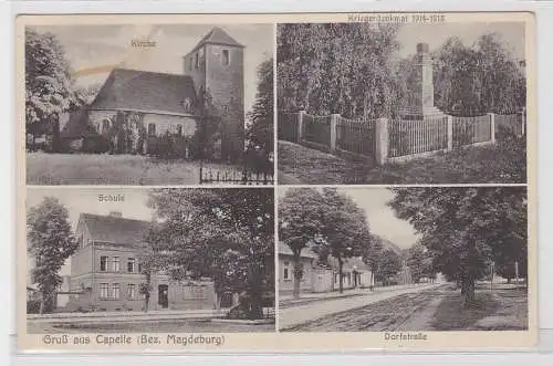 58239 Ak Gruß aus Capelle (Bez. Magdeburg), Kirche Schule, Dorfstr. Kiegerdenkm.