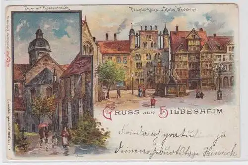 24501 Lithographie Ak Gruss aus Hildesheim - Dom mit Rosenstrauch, Pemplerhaus