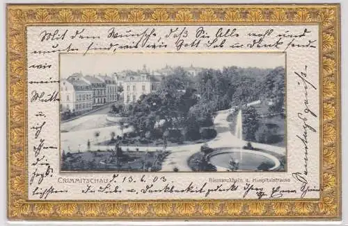 93567 Passepartout Präge AK Crimmitschau - Bismarckhain & Hospitalstrasse 1903
