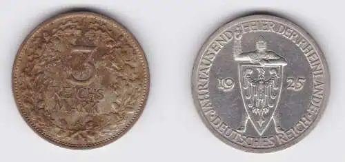 3 Mark Silber Münze 1000 Feier der Rheinlande 1925 A ss/vz (156345)