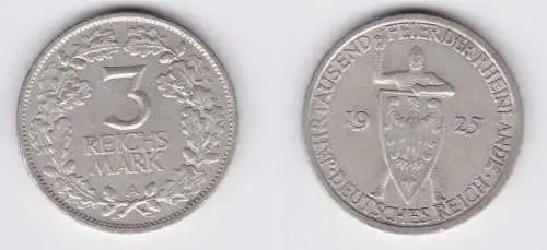 3 Mark Silber Münze 1000 Feier der Rheinlande 1925 A ss+ (156365)