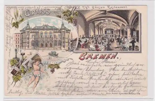 908410 Lithographie Ak Gruss aus Bremen - Börsen Restaurant und Börse 1905