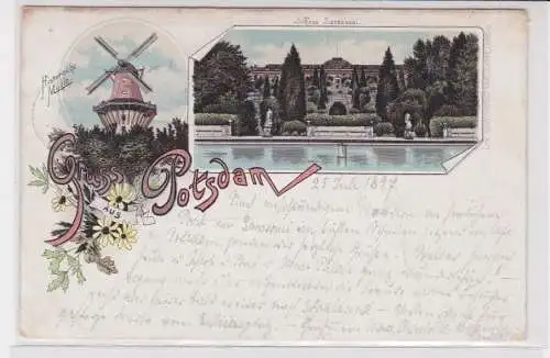 908409 Lithographie Ak Gruss aus Potsdam - historische Mühle, Schloss Sanssouci