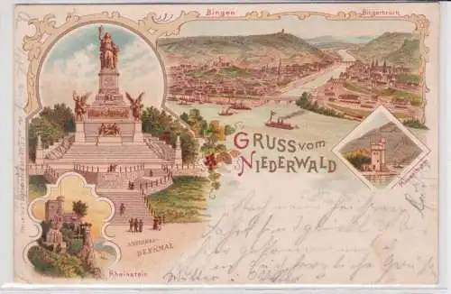 908403 Lithographie Ak Gruss vom Niederwald - Denkmal, Rheinstein und Mäusethurm