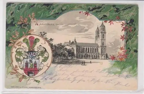 908182 geprägte Wappen Ak Magdeburg - Partie am Dom 1901