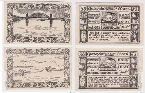 2 x 50 Pfennig Banknoten Notgeld Bonn Habichts Buchhandlung Okt.1921 (154524)