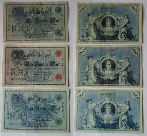 3x 100 Banknoten 100 Mark 1908 Deutschland Siegel rot + grün + BLAU RAR (119463)