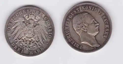 3 Mark Silbermünze Sachsen König Friedrich August 1910 Jäger 135 (142893)
