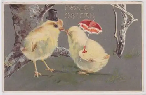 27837 Präge AK Fröhliche Ostern verliebtes Küken Paar beim küssen 1908