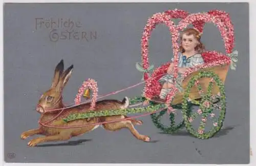 39775 Präge AK Fröhliche Ostern Mädchen fährt mit geschmückter Hasenkutsche 1910