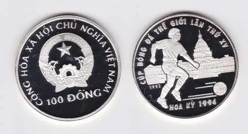 100 Dong Silbermünze Vietnam Fussball WM USA 1994, 1992 PP (159682)