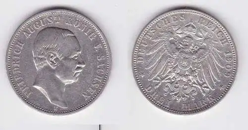 3 Mark Silbermünze Sachsen König Friedrich August 1909 Jäger 135 (124434)