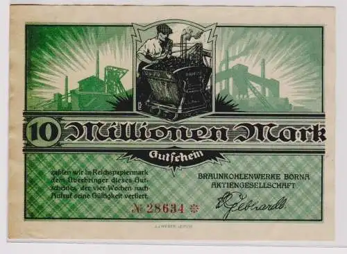 10 Millionen Mark Banknote Braunkohlenwerke Borna um 1923 (120299)