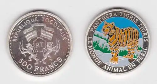 500 Francs Silber Farbmünze Togo 2001 Tiger coloriert koloriert PP (141815)
