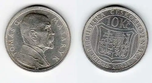 10 Kronen Silber Münze Tschechoslowakei Masaryk 1928 (129355)